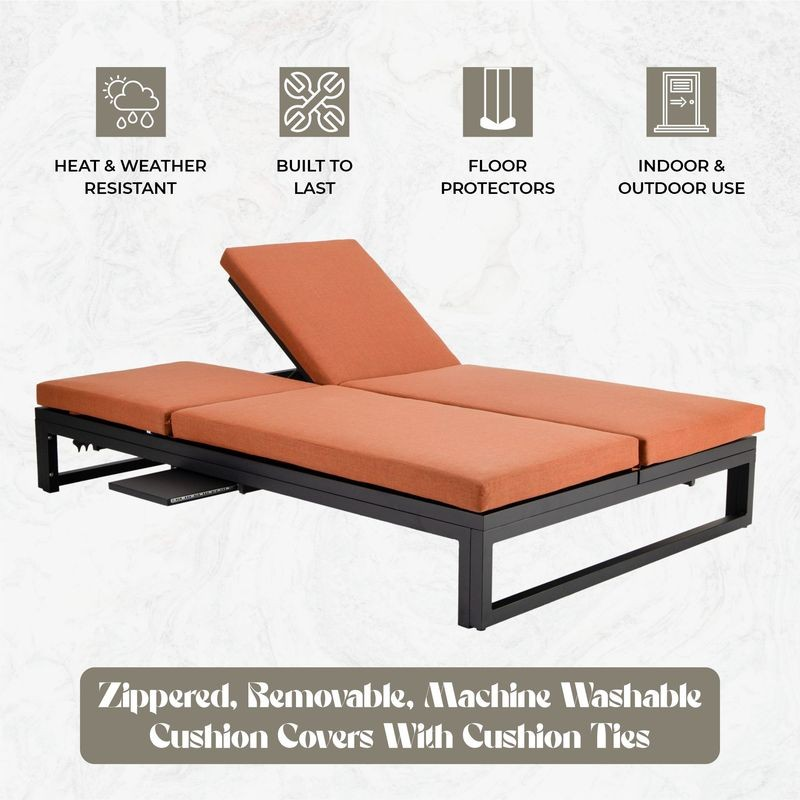 LeisureMod Chelsea Convertible Lounge Reclining Double Chaise with Cushions Orange Details.
