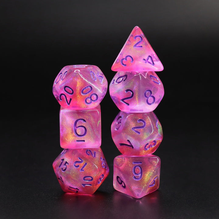Cheshire Glitter Pink with Purple Numbering 7-Dice Set RPG