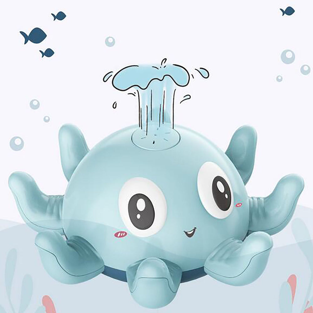 Blue cartoon toy with water on a light blue background.