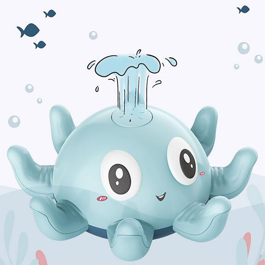 Blue cartoon toy with water on a light blue background.