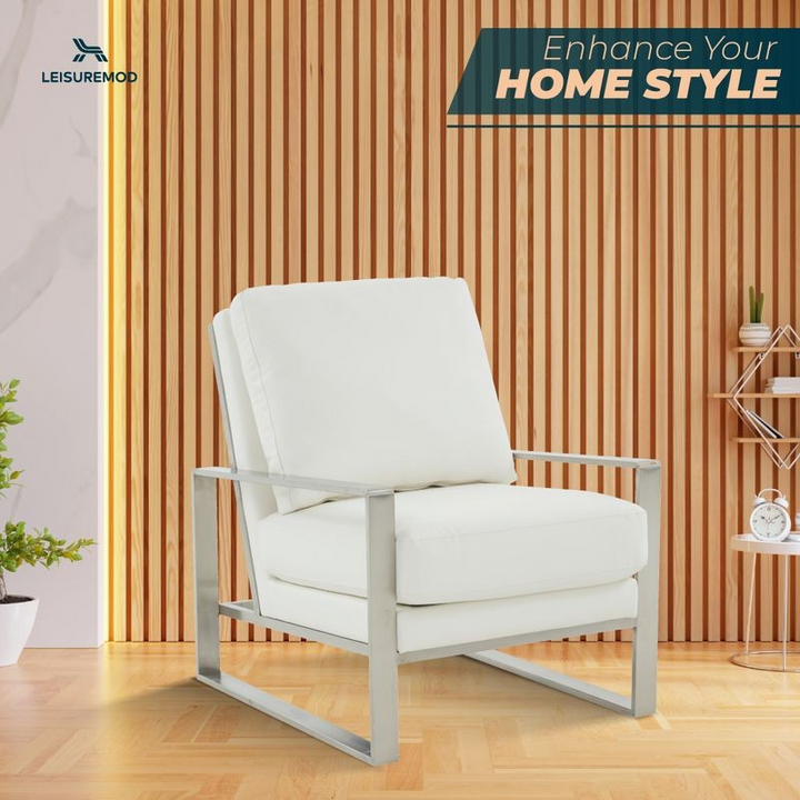 LeisureMod Jefferson Faux Leather Modern Design Accent Armchair with Elegant Silver Frame White