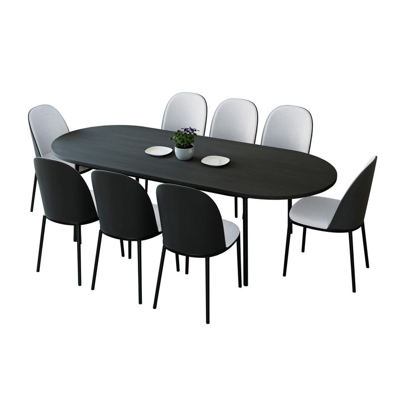LeisureMod Tule 9-Piece Dining Set in Steel Frame with 8 Upholstered Seat Dining Chairs and 83" Oval Dining Table with MDF Tabletop Black/Platinum Blue
