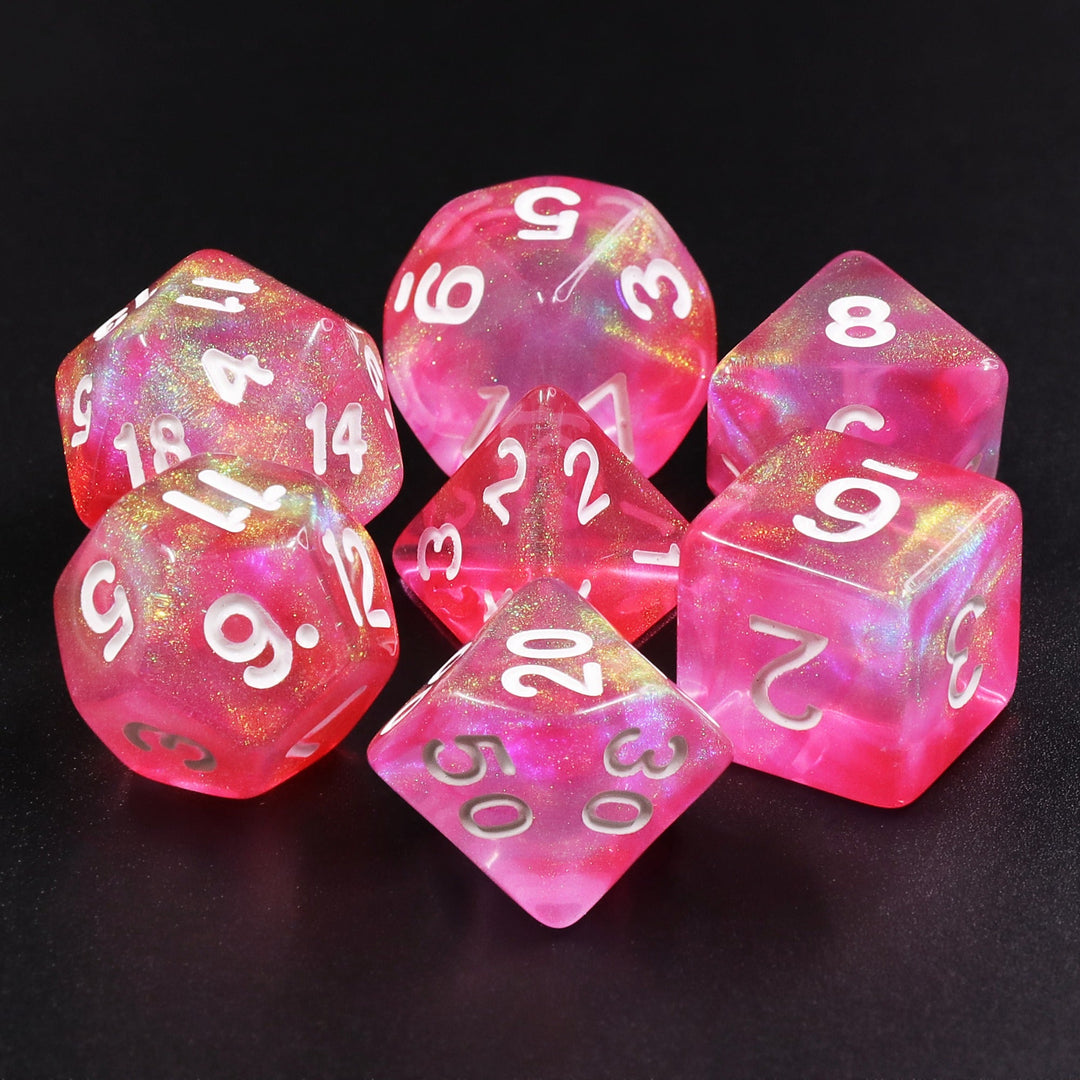 Pink Bunny Glitter Pink with White Numbering 7-Dice Set RPG