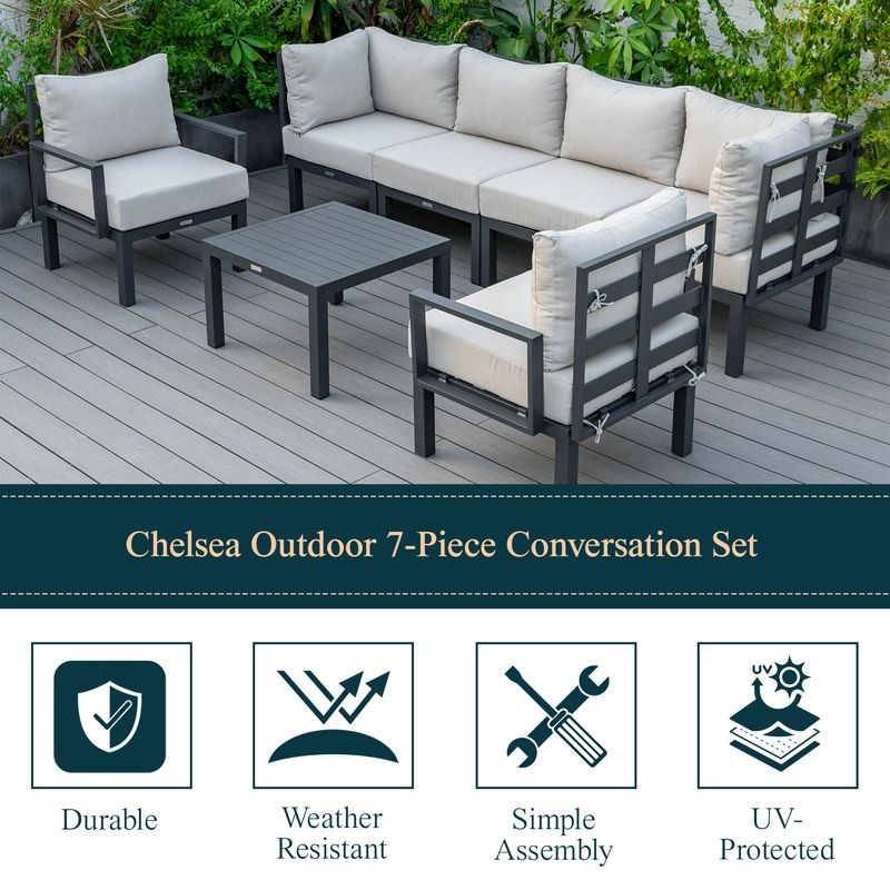 LeisureMod Chelsea 7-Piece Patio Sectional and Coffee Table Set Black Aluminum with Cushions Beige Details.