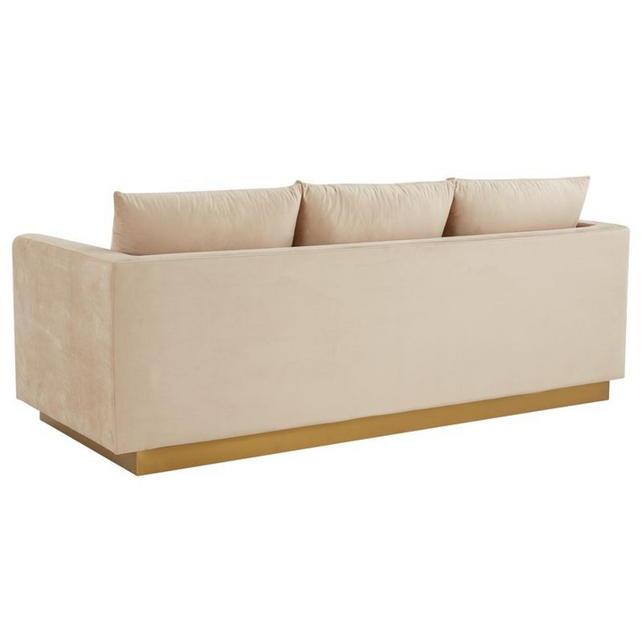 LeisureMod Nervo Modern Mid-Century Upholstered Velvet Sofa with Gold Frame Beige Back View.