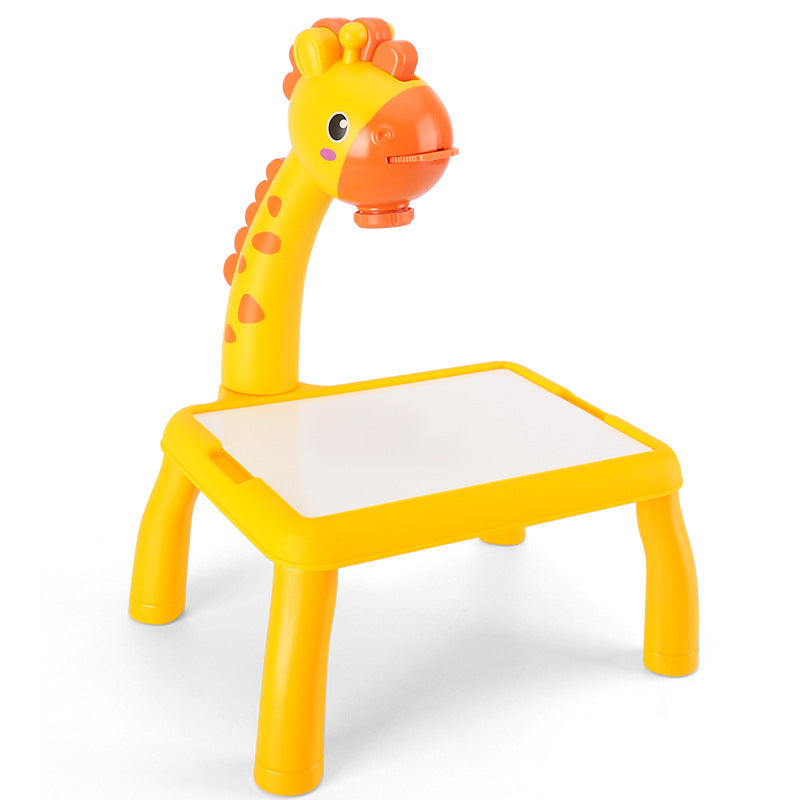 Yellow giraffe-shaped children's table and chair set on a white background.