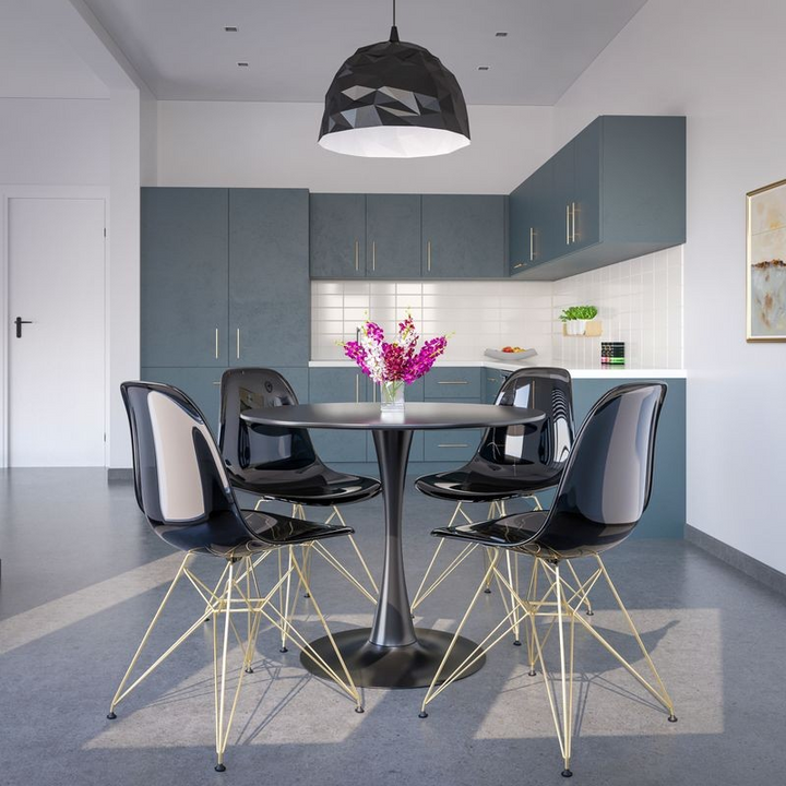 LeisureMod Cresco Molded Eiffel Side Chair with Gold Base Transparent Black Dining Table View.