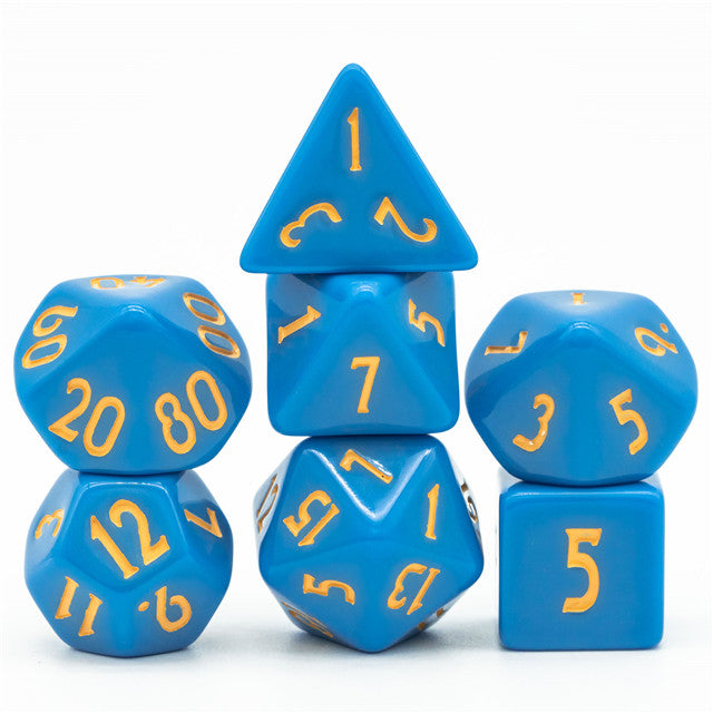 Light Blue Homage 7-Dice Set w/Yellow Numbers Minimalist