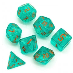 Blue/Teal Glitter Party Dice (Red/Orange font) 7-Dice Set RPG DND