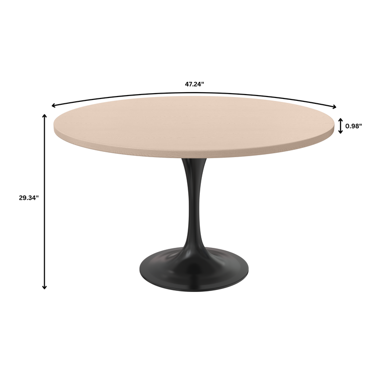 LeisureMod Verve Collection 48 Round Dining Table, Black Base with Light Natural Wood MDF Top Dimensions.