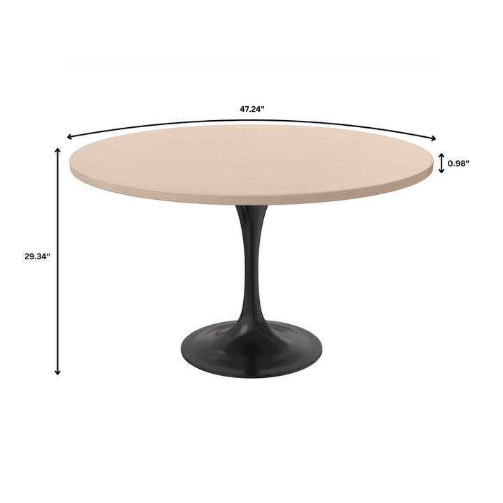 LeisureMod Verve Collection 48 Round Dining Table, Black Base with Light Natural Wood MDF Top Dimensions.