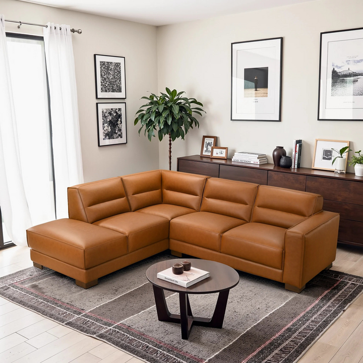 Muncie L-Shaped Sofa with Plush Cushions and Walnut Wood Legs Top View.
