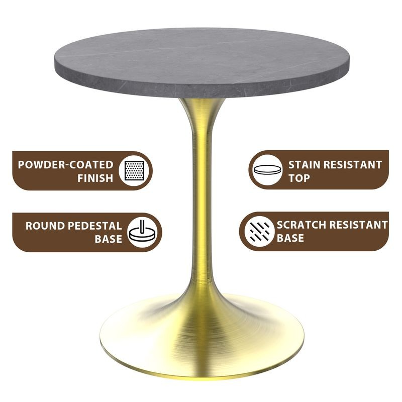 LeisureMod Verve Collection 27 Round Dining Table, Brushed Gold Base with Sintered Stone Grey Top Description.