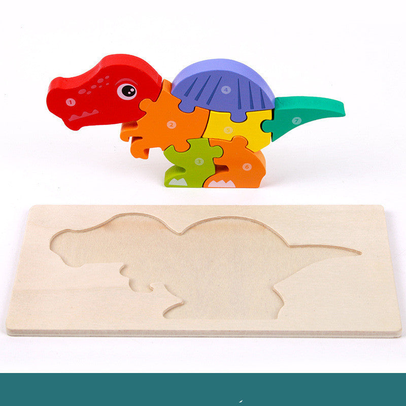 Colorful dinosaur-shaped wooden puzzle on a white background.