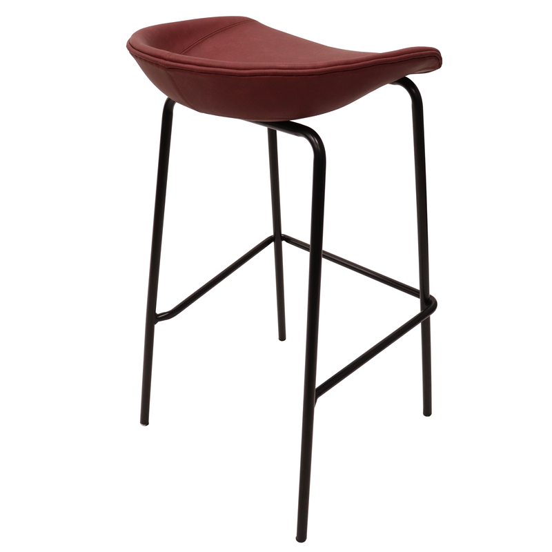 LeisureMod Servos Modern Barstool with Upholstered Faux Leather Seat and Powder Coated Iron Frame in Bordeaux Photo.