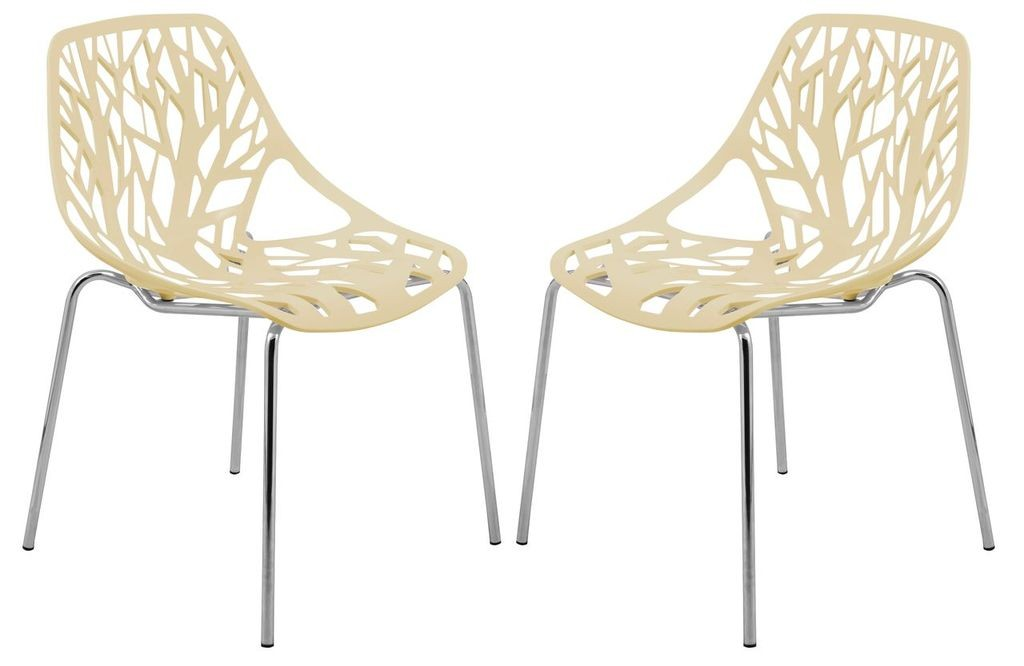 LeisureMod Modern Asbury Dining Chair w/ Chromed Legs, Set of 2 Cream