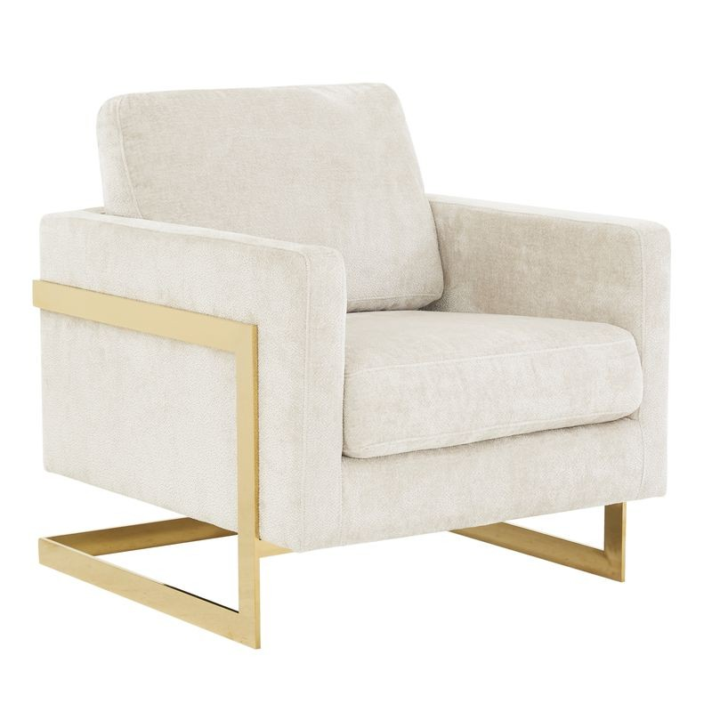 LeisureMod Lincoln Boucle Fabric Accent Armchair with Gold Stainless Steel Frame and Removable Back Cushion in Grey