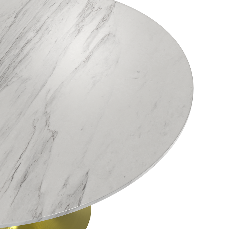 LeisureMod Verve Collection 48 Round Dining Table, Brushed Gold Base with Sintered Stone White Top Closeup.