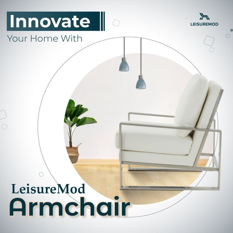LeisureMod Jefferson Faux Leather Modern Design Accent Armchair with Elegant Silver Frame White Innovation.