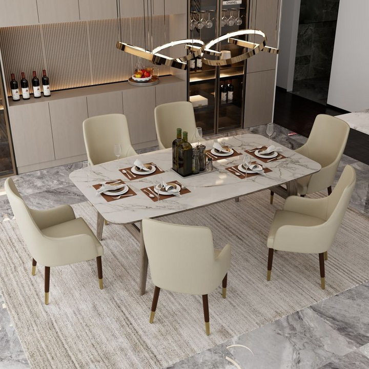 Leisuremod Viva Collection Modern Wooden Dining Armchair in Taupe at Table.