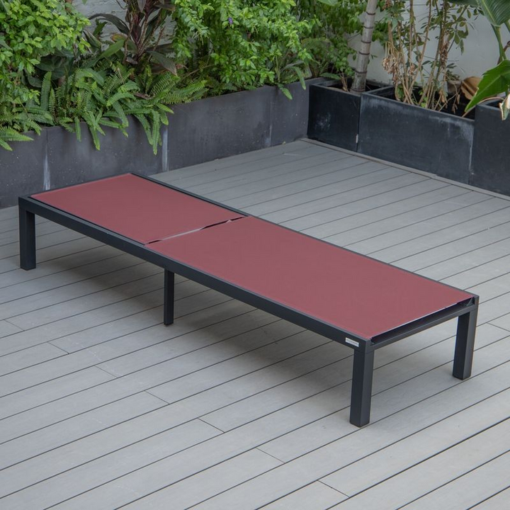 LeisureMod Marlin Patio Chaise Lounge Chair with Black Aluminum Frame Burgundy Flat.