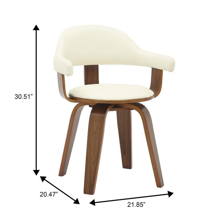 Wooden chair with white cushioned seat and backrest, shown with dimensions on a white background.