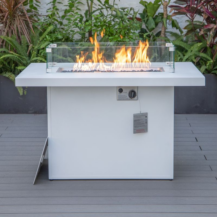 LeisureMod Chelsea Patio Modern Aluminum Propane Fire Pit Table White on Patio.