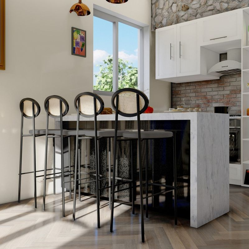 LeisureMod Euston Modern Wicker Bar Stool with Black Steel Frame in Grey at Bar.