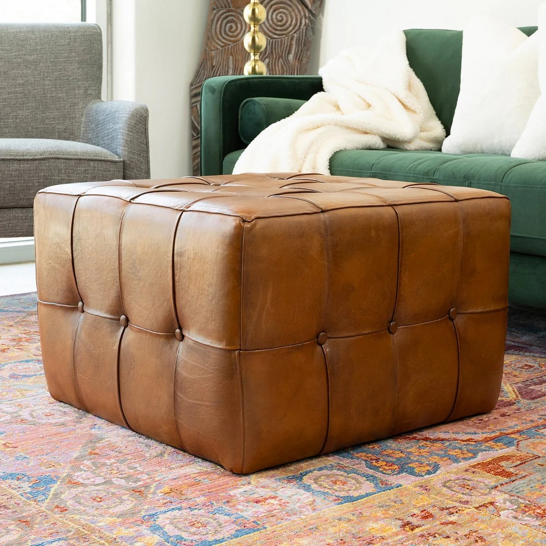 Benjiro Square Tan Leather Ottoman Photo.