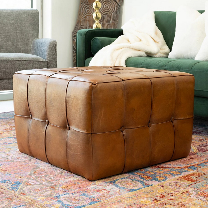 Benjiro Square Tan Leather Ottoman Photo.