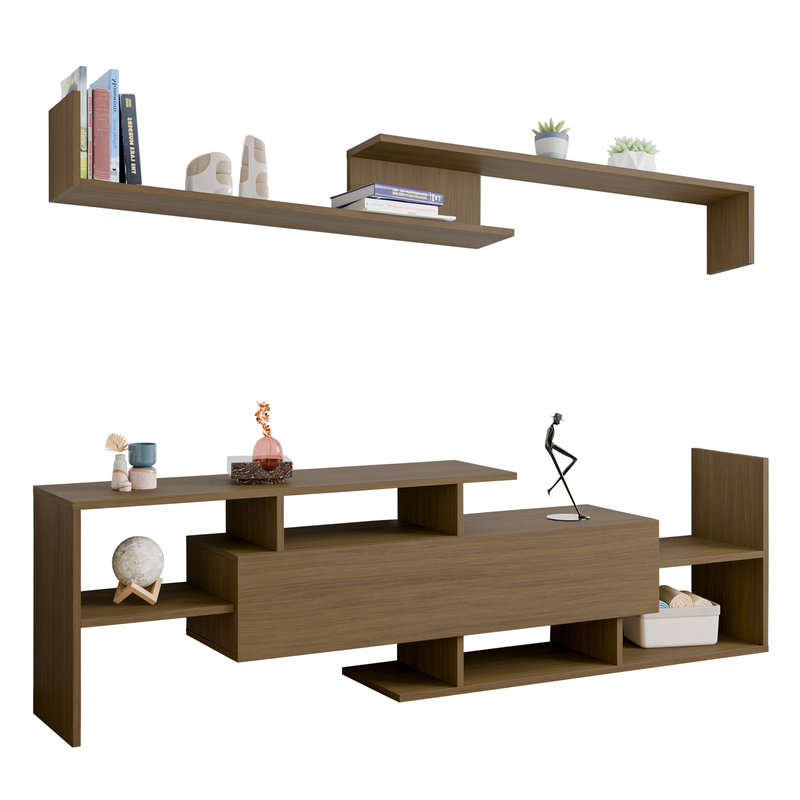 LeisureMod Surrey Modern TV Stand with MDF Shelves and Bookcase in Oak Wood Close View.