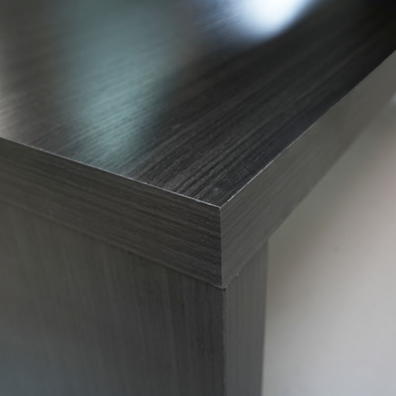 LeisureMod Orford Mid-Century Modern TV Stand with MDF Shelves and Powder Coated Iron Legs in Phantom Grey Closeup.