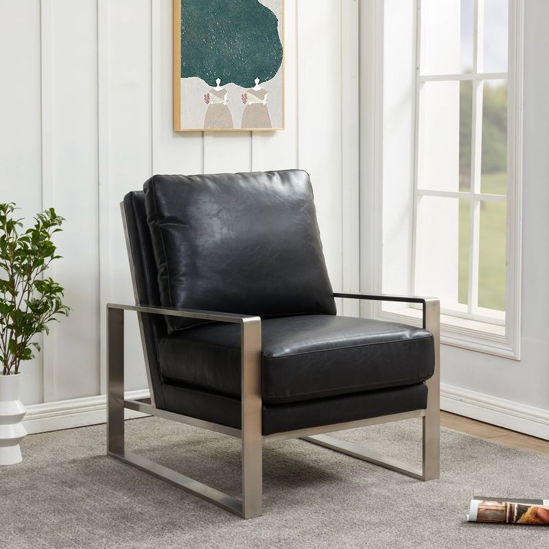 LeisureMod Jefferson Leather Modern Design Accent Armchair with Elegant Silver Frame Black with Background.