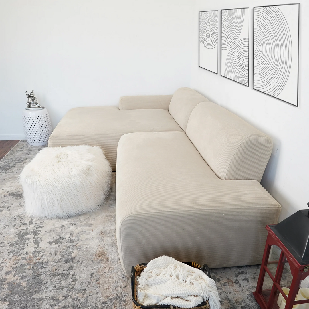 Mar Sectional Cream Corduroy Sofa (Left Facing) Image.
