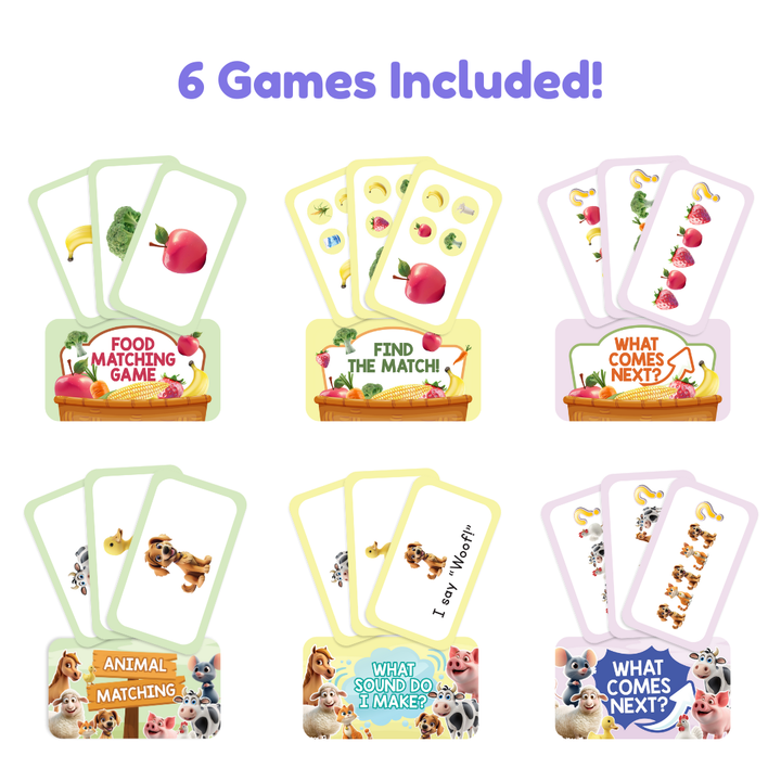 Set of educational children's cards with various games on a white background.