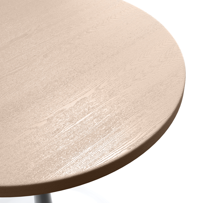 LeisureMod Verve Collection 27 Round Dining Table, White Base with Light Natural Wood MDF Top View.