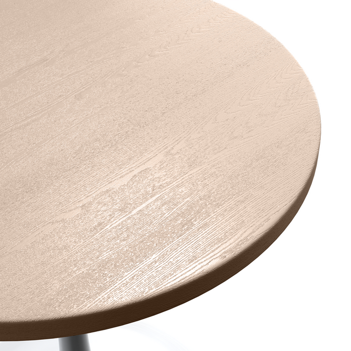 LeisureMod Verve Collection 27 Round Dining Table, White Base with Light Natural Wood MDF Top View.