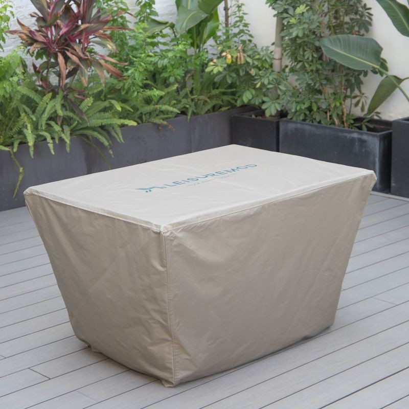 LeisureMod Chelsea Waterproof Fabric Rectangle Fire Pit Table Cover Brown on Patio.