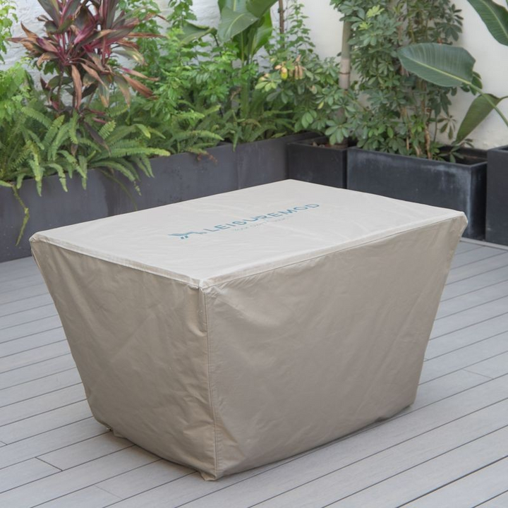 LeisureMod Chelsea Waterproof Fabric Rectangle Fire Pit Table Cover Brown on Patio.
