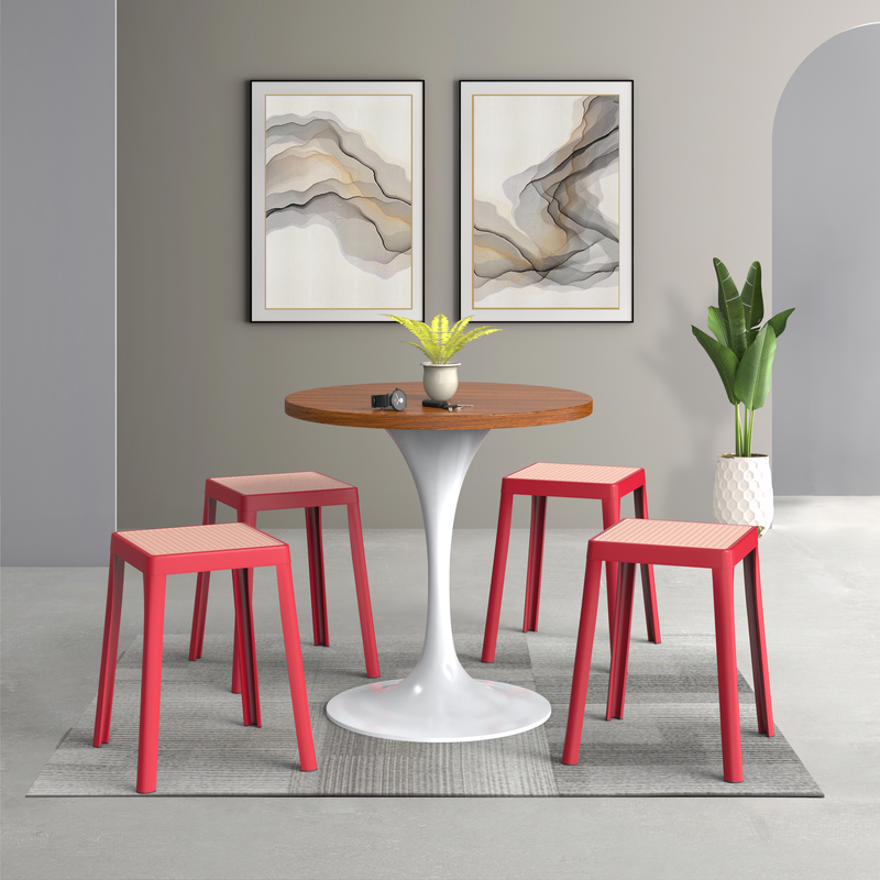 LeisureMod Tresse Series Stackable Poly Stool with Wicker Top 12 in Red at Table.