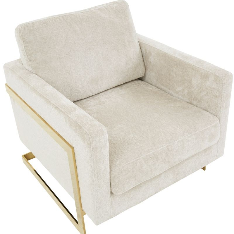 LeisureMod Lincoln Boucle Fabric Accent Armchair with Gold Stainless Steel Frame and Removable Back Cushion in Grey Zoomed In.