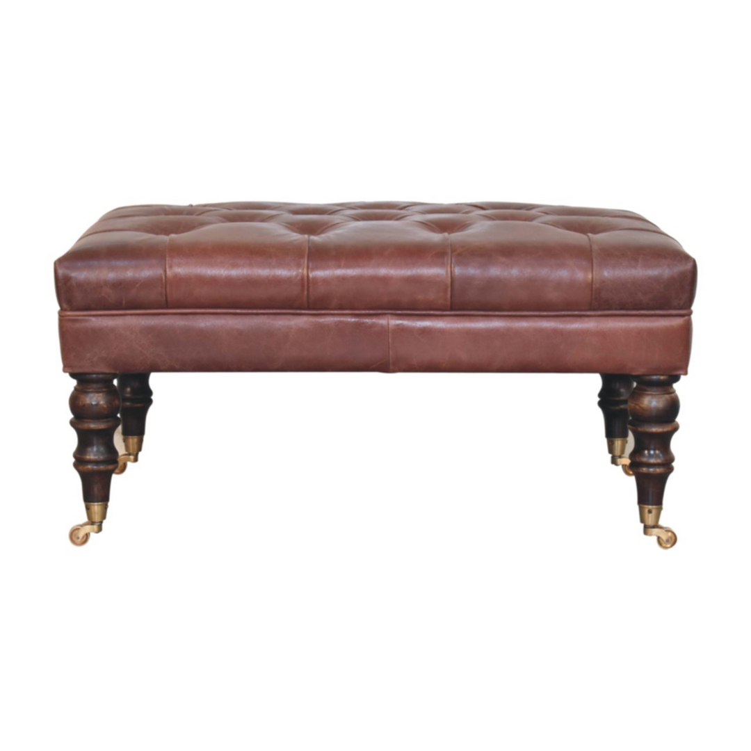 Buffalo Brown Leather Ottoman with Castor Legs Front