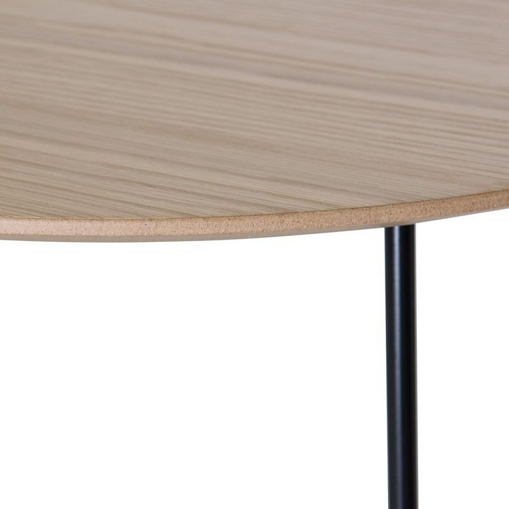 LeisureMod Pemborke Mid Century Modern Round Coffee Table with Wood Top and Powder Coated Iron Frame Accent Table Natural Wood Closeup.