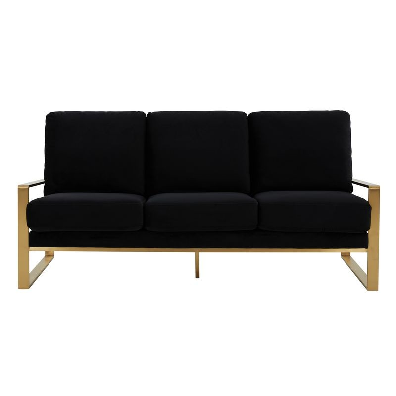 LeisureMod Jefferson Contemporary Modern Design Velvet Sofa with Gold Frame Black Front View.