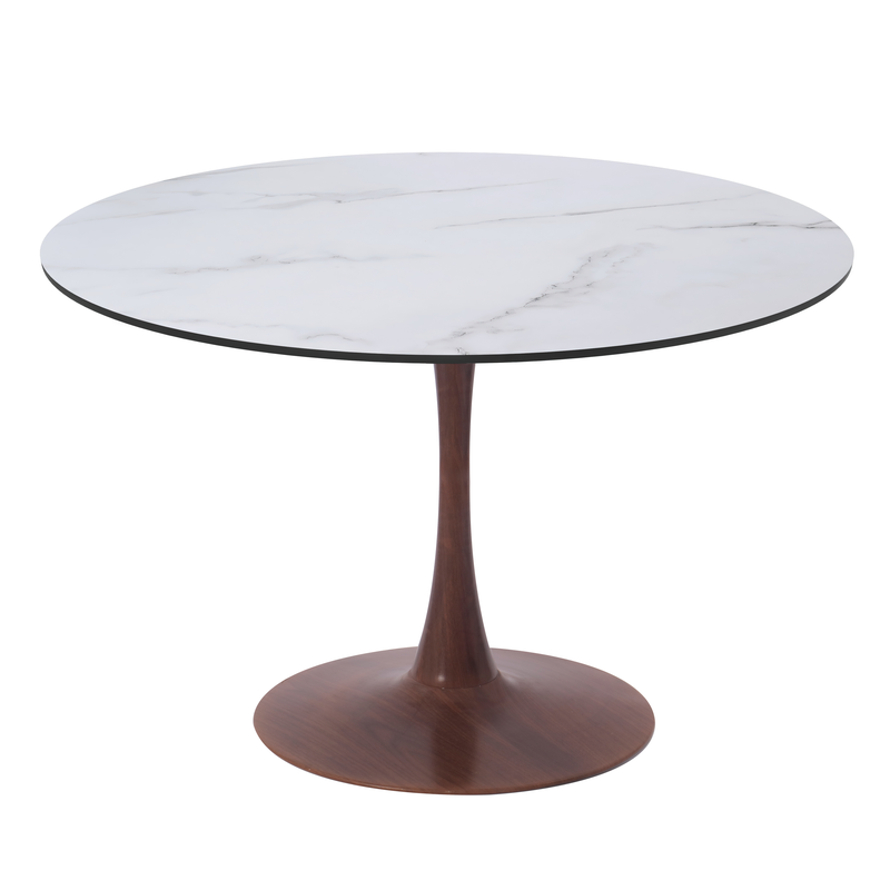 LeisureMod Bristol 40" Round Dining Table Wood Transfer Walnut Base with MDF Marbled White Top