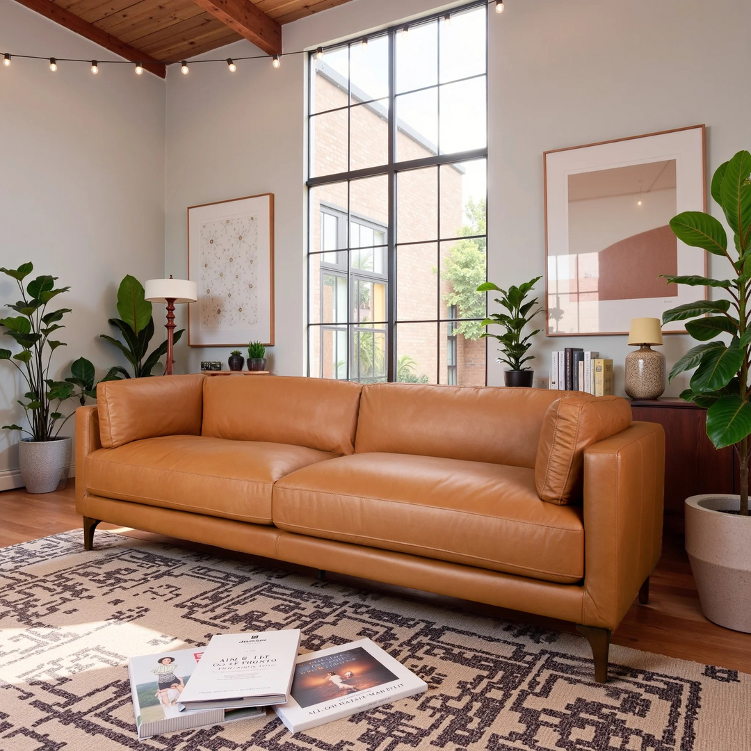 Bellrose Mid-Century Modern Genuine Leather Sofa in Living Room.