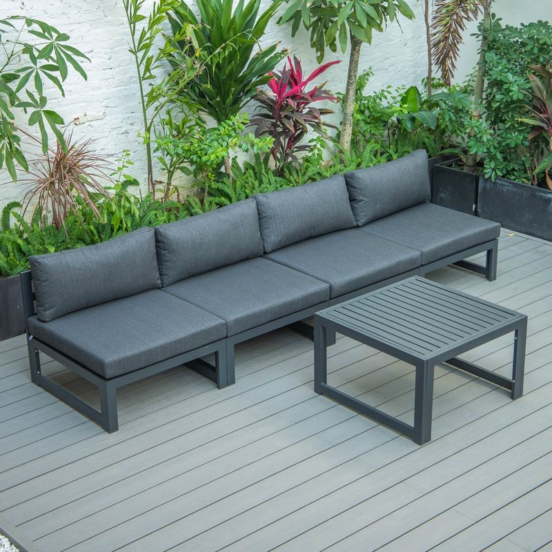 LeisureMod Chelsea 5-Piece Middle Patio Chairs and Coffee Table Set Black Aluminum with Cushions Black