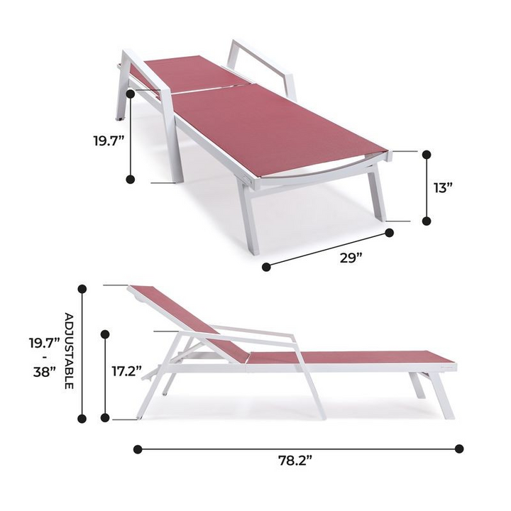 LeisureMod Marlin Patio Chaise Lounge Chair with Armrests in White Aluminum Frame Burgundy Dimensions.