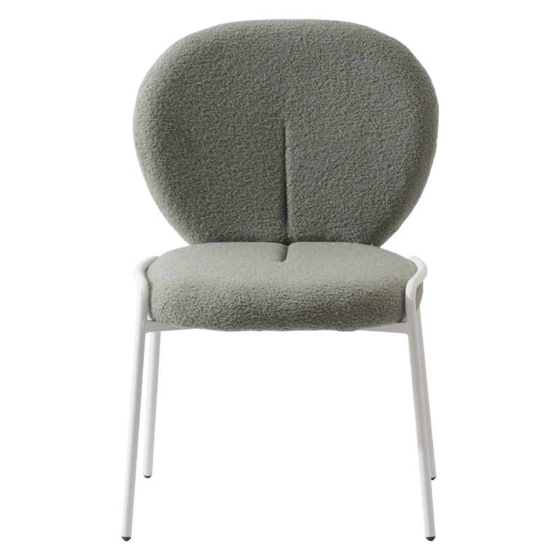 LeisureMod Mid-Century Modern Boucle Dining Chair with White Frame, Green Front View.