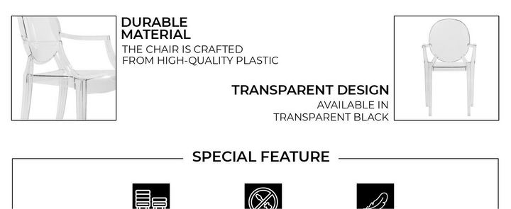 Product description card for a chair with durable material and transparent design features.